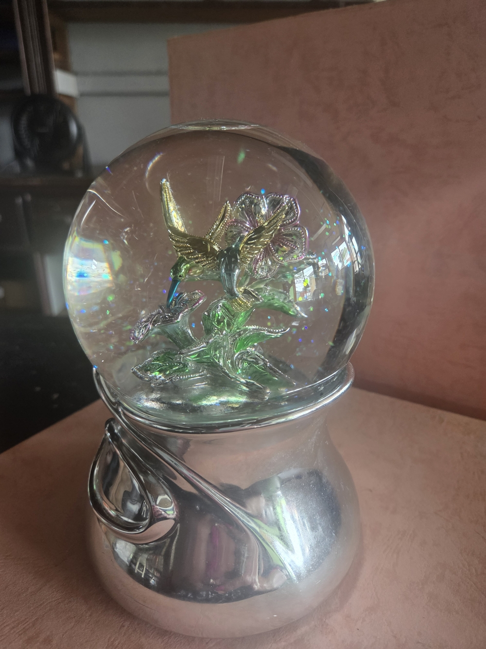 Glass Hummingbird Sparkle Globe with Silver Base - Clear/Green/Gold Accent